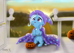 Size: 6300x4550 | Tagged: safe, artist:darksly, trixie, pony, unicorn, g4, absurd resolution, brooch, cape, clothes, crying, cute, daaaaaaaaaaaw, diatrixes, digital art, female, filly, filly trixie, floppy ears, hat, horn, jewelry, sitting, solo, trixie's brooch, trixie's cape, trixie's hat, younger