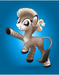 Size: 800x1015 | Tagged: safe, artist:jhayarr23, oc, oc only, oc:mikaella, donkey, hybrid, pony, zebroid, zonkey, fallout equestria, blue background, fallout equestria: of shadows, female, grin, looking at you, simple background, smiling, solo
