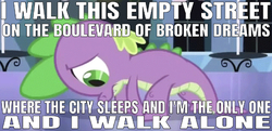 Size: 639x310 | Tagged: safe, edit, edited screencap, editor:undeadponysoldier, screencap, spike, dragon, equestria games (episode), g4, boulevard of broken dreams, caption, depressing, green day, image macro, impact font, male, sad, slumped, solo, song reference, text