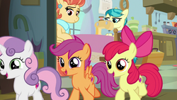 Size: 1280x720 | Tagged: safe, screencap, apple bloom, aunt holiday, auntie lofty, scootaloo, sweetie belle, pony, g4, the last crusade, cutie mark crusaders