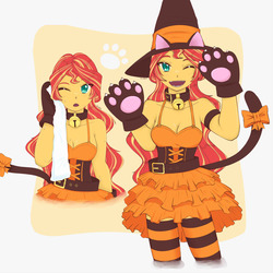 Size: 1791x1791 | Tagged: safe, artist:deeemperor, sunset shimmer, human, equestria girls, g4, anime, bell, bell collar, belt, breasts, busty sunset shimmer, catgirl, cleavage, clothes, collar, costume, cute, fake tail, female, halloween, halloween costume, happy, hat, looking at you, miniskirt, one eye closed, open mouth, skirt, smiling, socks, solo, story included, striped socks, thigh highs, wink, witch hat