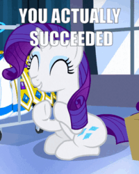 Size: 315x394 | Tagged: safe, edit, edited screencap, screencap, rarity, for whom the sweetie belle toils, animated, caption, clapping, cropped, female, image macro, loop, reaction image, success, text, you did it