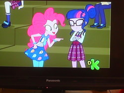 Size: 1024x768 | Tagged: safe, screencap, pinkie pie, sci-twi, twilight sparkle, equestria girls, g4, my little pony equestria girls: friendship games, channel, clothes, discovery kids, female, logo, panasonic, panasonic viera, picture of a screen, shoes, television