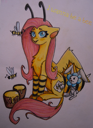 Size: 3854x5262 | Tagged: safe, artist:tichiro, angel bunny, fluttershy, bee, insect, pony, g4, clothes, female, food, honey, sitting, socks, striped socks, traditional art