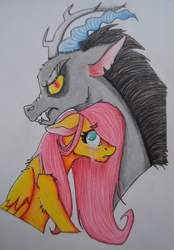 Size: 3826x5497 | Tagged: safe, artist:tichiro, discord, fluttershy, pegasus, pony, g4, angry, crying, looking at you, scared