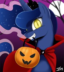Size: 800x907 | Tagged: safe, artist:johnjoseco, princess luna, alicorn, pony, g4, female, full moon, halloween, holiday, looking at you, mare, moon, pumpkin, pumpkin bucket, slit pupils, solo