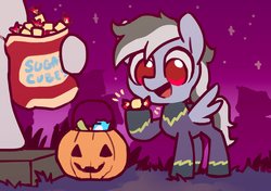 Size: 2560x1800 | Tagged: safe, artist:dawnfire, oc, pegasus, pony, candy, clothes, costume, female, food, hoof hold, mare, nightmare night, pumpkin bucket, shadowbolts costume