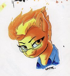 Size: 1889x2048 | Tagged: safe, artist:dimfann, spitfire, pegasus, pony, g4, bust, female, glasses, lidded eyes, smiling, solo, traditional art