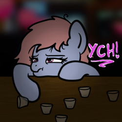 Size: 2100x2100 | Tagged: safe, artist:lannielona, pony, advertisement, bar, commission, dark, drunk, female, glass, high res, mare, miserable, night, scrunchy face, shot glass, shots, solo, tired, your character here