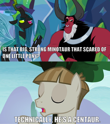 Size: 1264x1428 | Tagged: safe, edit, edited screencap, screencap, lord tirek, mudbriar, queen chrysalis, centaur, changeling, changeling queen, pony, g4, the ending of the end, the maud couple, caption, correction, female, image macro, impact font, male, meme, stallion, technically, text