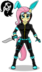 Size: 824x1401 | Tagged: safe, artist:emichaca, fluttershy, anthro, g4, alternate design, badass, bunny ears, clothes, costume, dangerous mission outfit, description at source, female, flutterbadass, glasses, gloves, goggles, hoodie, knife, mare, redesign, simple background, solo, tail, white background