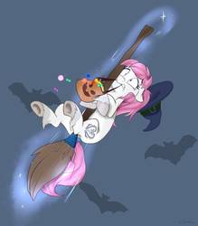 Size: 837x955 | Tagged: safe, artist:rutkotka, oc, oc only, oc:august rain, bat, earth pony, pony, broom, candy, commission, female, flying, flying broomstick, food, funny, halloween, hat, holiday, magic, mare, prank, scared, solo, telekinesis, witch hat, ych result