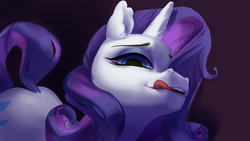 Size: 1600x900 | Tagged: safe, artist:resurgam_snova, rarity, pony, unicorn, g4, bust, ear fluff, female, licking, licking lips, looking at you, mare, portrait, solo, tongue out