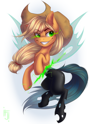 Size: 1200x1600 | Tagged: source needed, safe, artist:falafeljake, applejack, queen chrysalis, changeling, changeling queen, earth pony, pony, g4, disguise, disguised changeling, fake applejack, female, grin, simple background, smiling, white background