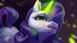 Size: 1600x900 | Tagged: safe, artist:resurgam_snova, rarity, pony, unicorn, g4, inspiration manifestation, bueno, bust, ear fluff, female, glowing horn, green eyes, heart eyes, horn, inspirarity, licking, licking lips, looking at you, magic, mare, portrait, possessed, solo, tongue out, wingding eyes