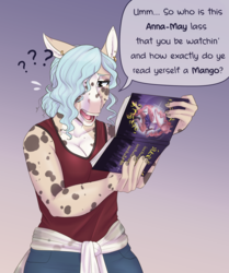 Size: 1405x1680 | Tagged: safe, artist:askbubblelee, oc, oc only, oc:opal ocean, anthro, anthro oc, clothes, confused, dialogue, digital art, ear piercing, female, hair over one eye, manga, mare, mondegreen, piercing, sailor moon (series), scottish, selkie, solo