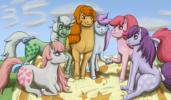 Size: 3000x1765 | Tagged: safe, artist:azurllinate, blossom, blue belle, butterscotch (g1), cotton candy (g1), minty (g1), snuzzle, earth pony, pony, g1, 35, accessory, blanket, blue eyes, chubby, cloud, cloven hooves, clover, earth pony only, female, first generation, flower, friendship, green hair, heart, hoofbump, leaning, long mane, long tail, looking at each other, lying down, mare, more like boulderscotch, numbers, one eye closed, onomatopoeia, open mouth, orange eyes, orange hair, original six, pink hair, prone, purple eyes, purple hair, ribbon, rule 63, sitting, smiling, strong, teal eyes, tongue out, wink