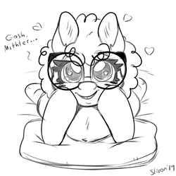 Size: 1000x1000 | Tagged: safe, artist:skoon, twist, earth pony, pony, g4, black and white, blushing, cute, female, filly, flirting, glasses, grayscale, heart, heart eyes, hoof on cheek, looking at you, monochrome, pillow, prone, sketch, solo, twistabetes, wingding eyes