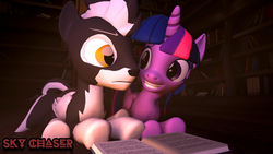 Size: 1920x1080 | Tagged: safe, artist:sky chaser, twilight sparkle, oc, oc:wolfy, alicorn, hybrid, pegasus, pony, g4, 3d, book, colored eyebrows, female, male, shipping, source filmmaker, twilight sparkle (alicorn)