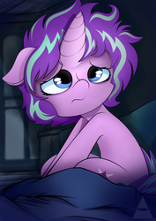 Size: 3500x4950 | Tagged: safe, artist:ahekao, starlight glimmer, pony, unicorn, g4, :s, alternate hairstyle, bed, bedroom, female, filly, filly starlight glimmer, floppy ears, messy mane, sad, short hair, sitting, solo, wavy mouth, younger