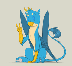 Size: 1200x1100 | Tagged: safe, artist:sinrar, gallus, griffon, g4, colored sketch, male, paw pads, peace sign, simple background, sitting, sketch, solo