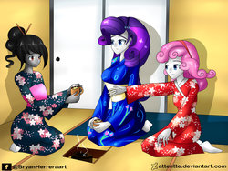 Size: 2828x2121 | Tagged: safe, artist:attentte, rarity, sweetie belle, oc, oc:ebony darkness, equestria girls, g4, chopsticks in hair, clothes, female, food, high res, kneeling, tea, vaguely asian robe