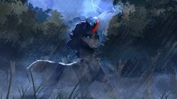 Size: 1191x671 | Tagged: safe, artist:icychamber, king sombra, pony, unicorn, g4, forest, lightning, male, rain, solo, stallion, tree