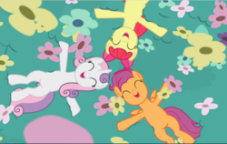 Size: 1491x942 | Tagged: safe, screencap, apple bloom, scootaloo, sweetie belle, earth pony, pegasus, pony, unicorn, g4, growing up is hard to do, being big is all it takes, bow, cropped, cute, cutie mark, cutie mark crusaders, eyes closed, female, flower, hair bow, lying down, mare, older, older apple bloom, older cmc, older scootaloo, older sweetie belle, smiling, trio