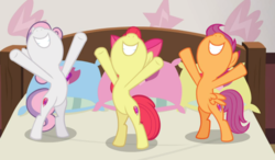 Size: 1302x760 | Tagged: safe, screencap, apple bloom, scootaloo, sweetie belle, earth pony, pegasus, pony, unicorn, g4, growing up is hard to do, bed, being big is all it takes, belly, bipedal, bow, cropped, cutie mark crusaders, female, filly, hair bow, hooves in air, nose in the air, pillow, smiling, teeth, trio