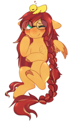 Size: 1375x2383 | Tagged: safe, artist:pomrawr, oc, oc only, bird, duck, pegasus, pony, blushing, braid, braided tail, colored hooves, glasses, pegasus oc, simple background, sleepy, smiling, solo, transparent background, wings