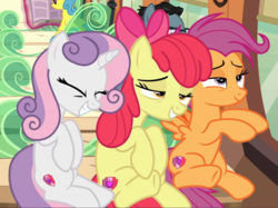 Size: 1100x823 | Tagged: safe, screencap, apple bloom, down under, lemon hearts, scootaloo, sweetie belle, earth pony, pegasus, pony, unicorn, g4, growing up is hard to do, bow, cropped, cutie mark crusaders, eyes closed, female, friendship express, hair bow, lidded eyes, mare, older, older apple bloom, older cmc, older scootaloo, older sweetie belle, smiling, trio focus