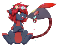 Size: 1776x1370 | Tagged: safe, artist:pomrawr, oc, oc only, monster pony, original species, piranha plant pony, plant pony, pony, augmented tail, colored hooves, crossed arms, floral head wreath, flower, male, plant, simple background, sitting, smiling, solo, stallion, tailmouth, transparent background, ych result