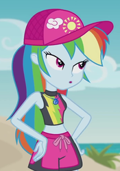 Size: 702x1004 | Tagged: safe, screencap, rainbow dash, aww... baby turtles, equestria girls, g4, my little pony equestria girls: better together, baseball cap, beach, beach babe, belly button, cap, clothes, cropped, female, geode of super speed, hand on hip, hat, magical geodes, midriff, shorts, sleeveless, solo, water