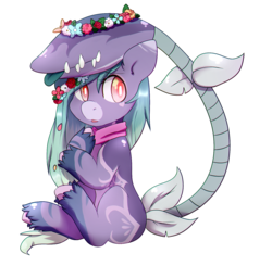 Size: 1567x1537 | Tagged: safe, artist:pomrawr, oc, oc only, monster pony, original species, piranha plant pony, plant pony, augmented tail, clothes, female, floral head wreath, flower, plant, scarf, simple background, sitting, solo, tailmouth, tongue out, transparent background, unshorn fetlocks, ych result