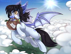 Size: 2600x2000 | Tagged: safe, artist:trickate, oc, oc only, oc:mitzy, bat pony, pony, basket, bat pony oc, black hair, black mane, black tail, cloud, fangs, female, flying, fruit, happy, high res, mare, signature, sky, solo, spread wings, sun, wings