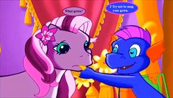 Size: 1097x617 | Tagged: safe, edit, edited screencap, editor:korora, screencap, master kenbroath gilspotten heathspike, wysteria, dragon, earth pony, pony, g3, the princess promenade, a princess is in town, dialogue, flower, princess flower, song reference, speech bubble, we don't normally wear clothes
