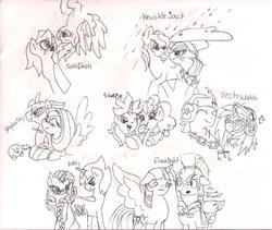 Size: 2012x1700 | Tagged: safe, artist:spqr21, applejack, dj pon-3, flash sentry, fluttershy, pinkie pie, rainbow dash, rarity, twilight sparkle, vinyl scratch, alicorn, earth pony, pegasus, pony, unicorn, g4, :p, crossover, espio the chameleon, female, headphones, knuckles the echidna, lineart, male, mane six, mare, music notes, ponified, shadow the hedgehog, silver the hedgehog, sonic the hedgehog, sonic the hedgehog (series), stallion, sunglasses, tongue out, traditional art, twilight sparkle (alicorn), vector the crocodile