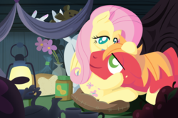 Size: 2200x1460 | Tagged: safe, anonymous artist, angel bunny, big macintosh, fluttershy, series:fm holidays, g4, apple, bed, bread, cuddling, female, food, lantern, lineless, looking at each other, male, nightmare night, no pupils, peanut butter, ship:fluttermac, shipping, sleeping, straight, teddy bear, under the bed, vase