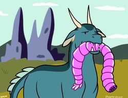 Size: 1280x978 | Tagged: safe, artist:quincydragon, oc, oc only, oc:coxal, dragonling, pony, worm, female, magical gay spawn, mouth hold, offspring, parent:garble, parent:pharynx, solo