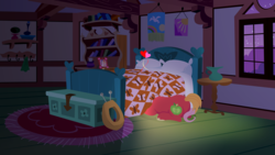 Size: 2880x1620 | Tagged: safe, anonymous artist, big macintosh, fluttershy, pony, series:fm holidays, g4, bed, female, floating heart, fluttershy's cottage, heart, horse collar, lineless, male, night, nightmare night, offscreen character, ship:fluttermac, shipping, straight, tail