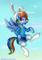 Size: 636x900 | Tagged: safe, artist:pyropk, rainbow dash, pegasus, pony, rabbit, g4, adorkable, adventure time, animal, awesome, bunny ears, clothes, cosplay, costume, crossover, cute, dork, female, fionna the human, hat, male, miniskirt, skirt, socks, solo, thigh highs