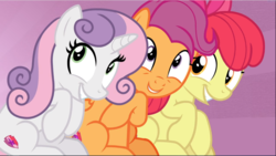 Size: 1668x942 | Tagged: safe, screencap, apple bloom, scootaloo, sweetie belle, earth pony, pegasus, pony, unicorn, g4, growing up is hard to do, season 9, adorabloom, being big is all it takes, cropped, cute, cutealoo, cutie mark, cutie mark crusaders, diasweetes, excited, female, mare, older, older apple bloom, older cmc, older scootaloo, older sweetie belle, sitting, smiling, the cmc's cutie marks, trio