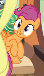 Size: 413x710 | Tagged: safe, screencap, apple bloom, scootaloo, earth pony, pegasus, pony, g4, growing up is hard to do, cropped, cute, cutealoo, female, friendship express, happy, mare, offscreen character, older, older scootaloo, sitting, solo focus