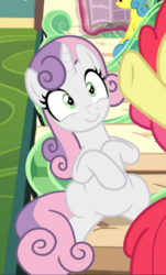 Size: 490x812 | Tagged: safe, screencap, apple bloom, sweetie belle, earth pony, pony, unicorn, g4, growing up is hard to do, cropped, female, friendship express, mare, offscreen character, older, older sweetie belle, sitting, smiling, solo focus