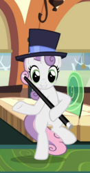 Size: 441x844 | Tagged: safe, screencap, sweetie belle, pony, unicorn, g4, growing up is hard to do, being big is all it takes, bipedal, cane, cropped, cute, dancing, diasweetes, female, hat, holding, mare, older, older sweetie belle, raised hoof, smiling, solo, top hat, train, underhoof