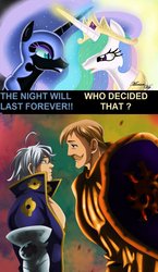 Size: 864x1486 | Tagged: safe, artist:karlkroenen, nightmare moon, princess celestia, alicorn, pony, g4, crossover, escanor, escanor the lion's sin of pride, the night will last forever, the seven deadly sins