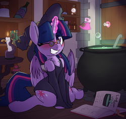 Size: 1936x1820 | Tagged: safe, artist:lockheart, twilight sparkle, alicorn, ghost, semi-anthro, g4, adorkable, arm hooves, blushing, bone hurting juice, boo (super mario), book, candle, cauldron, chest fluff, clothes, colored horn, curved horn, cute, dork, dress, eye clipping through hair, female, glasses, hat, horn, leg fluff, levitation, love potion, magic, mare, one eye closed, potion, severed horn, shoulder fluff, sitting, smiling, solo, sombra's horn, telekinesis, twiabetes, twilight sparkle (alicorn), two toned wings, underhoof, wings, wink, witch, witch hat