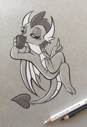 Size: 1410x2048 | Tagged: safe, artist:emberslament, smolder, dragon, g4, blushing, claws, coffee, colored pencil drawing, colored pencils, crossed legs, cute, dragoness, drinking, eyes closed, female, folded wings, grayscale, horns, monochrome, older, older smolder, photo, smolderbetes, solo, toes, traditional art, wings