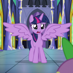 Size: 700x700 | Tagged: safe, screencap, spike, twilight sparkle, alicorn, dragon, pony, g4, the last problem, cropped, crying, crylight sparkle, female, male, mare, offscreen character, open mouth, sad, solo focus, spread wings, twilight sparkle (alicorn), winged spike, wings