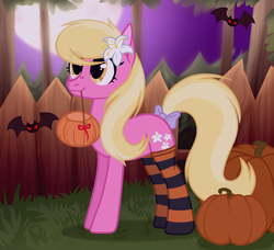 Size: 1800x1640 | Tagged: safe, artist:rioshi, artist:sparkling_light base, artist:starshade, lily, lily valley, bat, earth pony, pony, g4, bow, clothes, cute, female, fence, flower, flower in hair, halloween, holiday, mare, moon, mouth hold, night, pumpkin, pumpkin bucket, smiling, socks, solo, striped socks, tail bow, tree